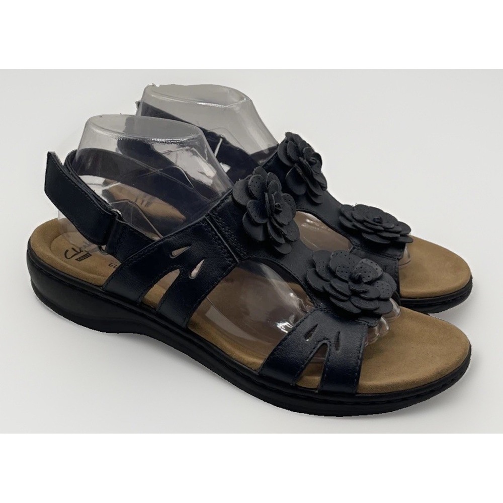 Clarks Leisa Claytin Black Leather Double Flower Adjustable Sandals Women's 9 M